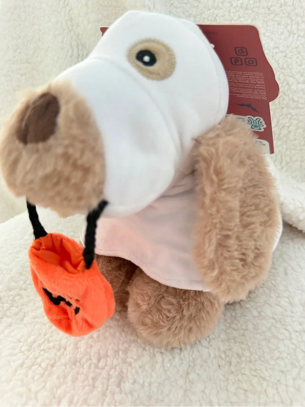 Plush Dog Toy with Orange Pumpkin Pouch - Soft Brown & White squeaker & crinkly